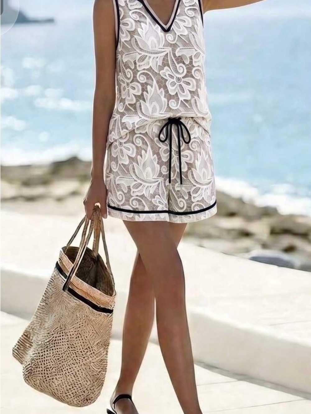 SHEIN White Floral Lace V-Neck Short Set